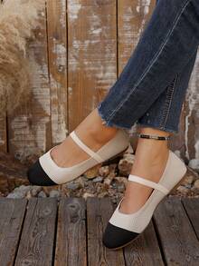 Women's Colorblock Flat Mary Jane Shoes - Beige - View 2