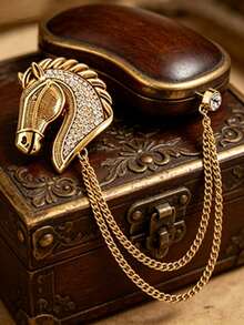 1 Peça Broche Vintage de Cabeça de Cavalo com Corrente Dupla, Alfinete de Lapela Ocidental de Luxo para Homens, Acessório para Todas as Estações para Negócios, Uso Diário, Festa & Presentes de Aniversário de Feriado - Cabeça de cavalo dourada com corrente - Visão 6
