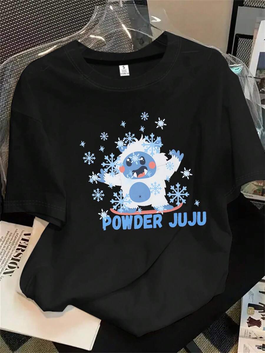 Top de mujer de manga corta y cuello redondo con estampado de pingüinos de dibujos animados y copos de nieve alrededor del cuello, apto para todas las estaciones. - Negro - Ver 1