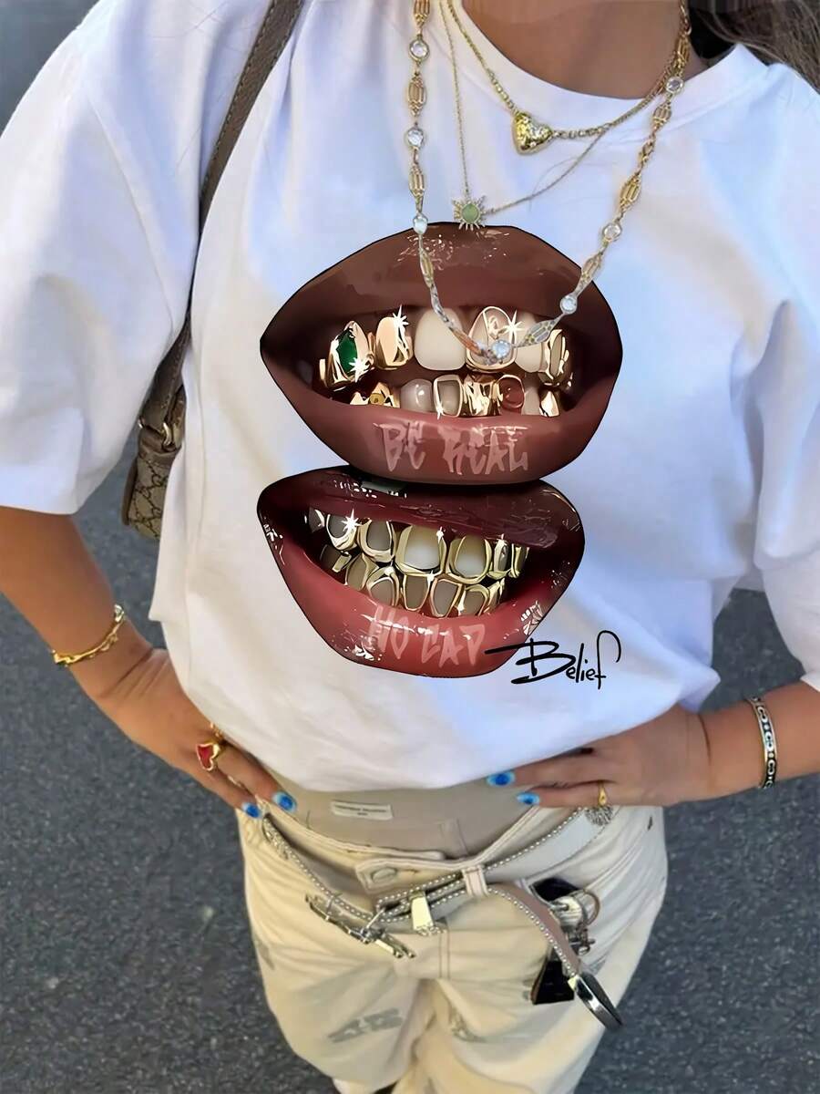 Women's Casual Short Sleeve T-Shirt - Bold Geometric Lips And Teeth Print, Round Neck For Spring/Summer, Regular Fit, Elastic And Machine Washable, Avant-Garde Artistic Design, Breathable And Durable Fabric, Elegant Blouses For Young Women, Cruz Azul Poeselle Women's - 白色 - 查看 1