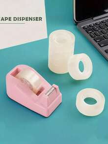 1 Set 7pcs Pink Tape Dispenser (1 Cutter + 6 Rolls Transparent Tape), For Office, Home, School Transparent Gift Wrapping Tape - A - View 5
