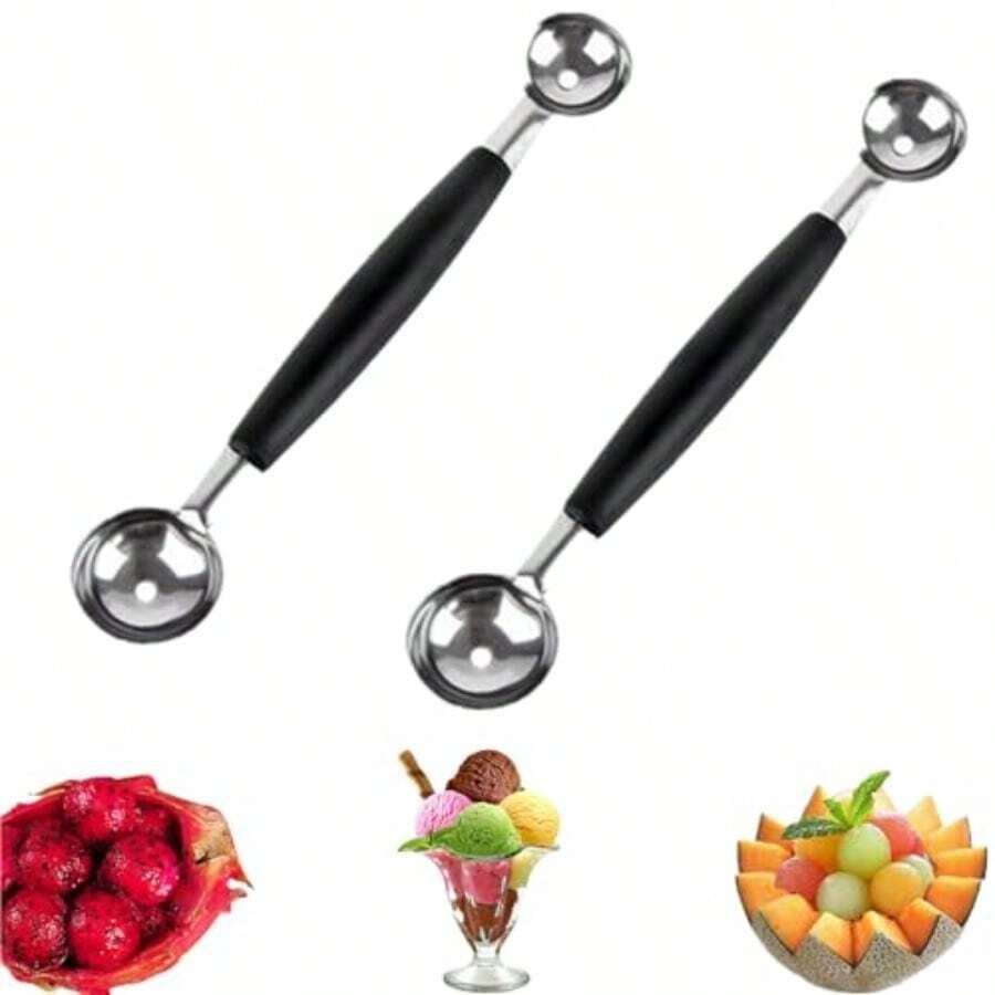 2 Pack Double Ended Eaded Fruit Icecream Ball Spoon, Stains Steel Melon Baller, Smoot Round Melon Balls Melon Scoop Watermelon/Ice Cream/Fruits/Sorbet/Meatball - Black - View 1