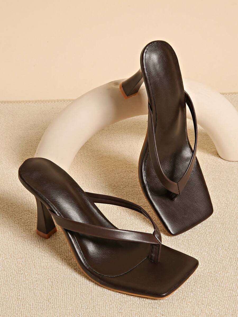 Plus Size Summer New Soft Leather Square Toe Sandals, Thong Kitten Heel Sandals, Versatile Slim Strap Flip Flops For Women