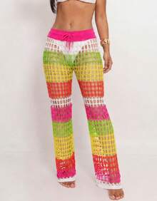 Knitted Beach Cover-Up Pants With Elastic Tie-Up Fishnet - Multicolor - View 1