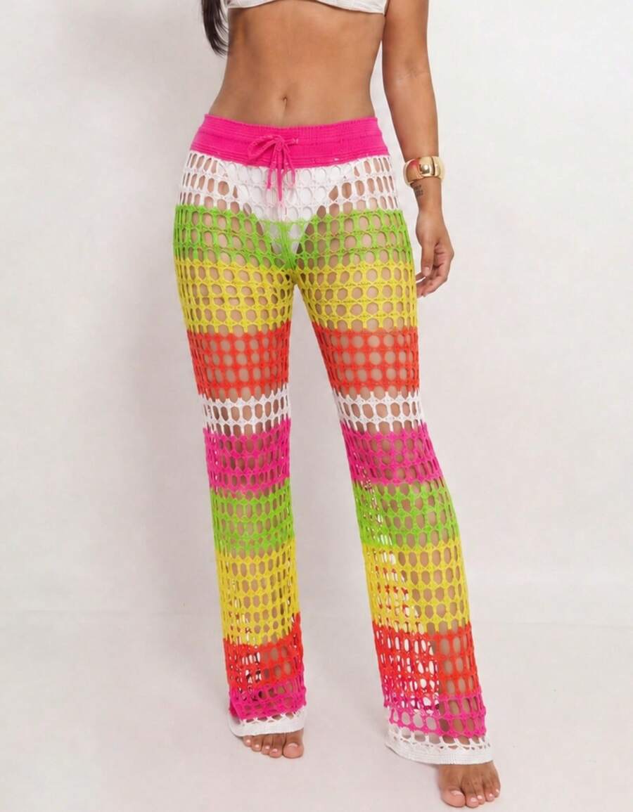 Knitted Beach Cover-Up Pants With Elastic Tie-Up Fishnet - Multicolor - View 1