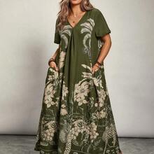 guangzhougaolangshangmao Freevana Vestido de talla grande para mujer con bolsillos, de manga corta y estampado floral para vacaciones - Marrón - Ver 7