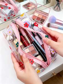 Bolsa de maquillaje transparente con estampado floral colorido estilo coreano Ins, bolsa de aseo de PVC de gran capacidad, estuche portátil para almacenamiento de cosméticos - Multicolor - Ver 2