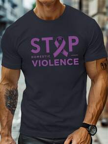 Camiseta de manga corta con cuello redondo para hombre, estilo casual, con lazo morado Deten la violencia doméstica, estilo veraniego, talla. - Blanco - Ver 7
