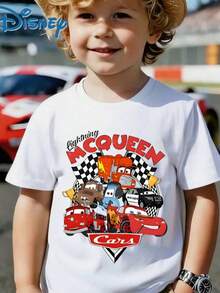 Disney Cars Lightning McQueen & Friends Kids T-Shirt (2-14 Years) | Boys Girls Unisex Racing Tee With Checkered Flag Print  | Express Delivery - 白色 - 查看 1