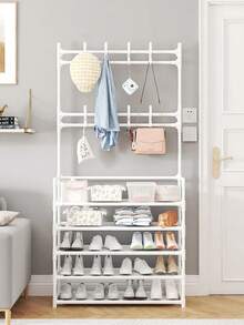 Multifunctional Home Storage Rack, Easy To Assemble Shoe And Hat Organizer, Floor Standing, Hallway Coat Rack, Hallway Shoe Rack, Coat Rack With 4 Shelves And 8 Double Hooks, Suitable For Living Room - White - View 5