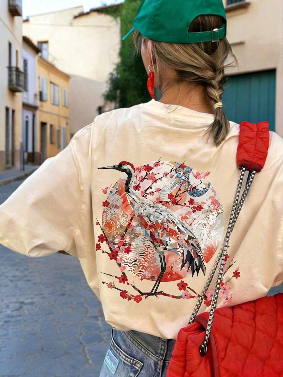 Short-Sleeved T-Shirt With A Round Neck, Featuring A Japanese-Style Crane Print With Outstretched Wings, Tie-Dyed In Black, For Casual Wear; Versatile Blouse For Women With A Plum Blossom And Pine Tree Print, Casual Blouses For Ladies, Women's Athletic T-Shirt, Hot - 杏色 - 查看 1