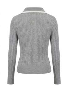 Sweater Polo Wanita Gaya Preppy Kasual Musim Gugur/Dingin untuk Perjalanan Sehari-hari, dengan Trim Kontras dan Kerah Pas Badan - Grey - View 3