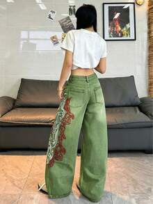 1件女款寬鬆刺繡寬腿牛仔褲，舒適休閒高街時尚丹寧長褲（不含腰帶/配件）秋季 - 綠色 - 查看 8