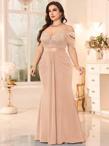 Plus Size Deep V-Neck Sequin Floral Lace Cut Out Shoulder Contrast Ruched Draped Front Mermaid Hem Evening Party Formal Dress, Wedding Guest Summer - Champagne - View 6