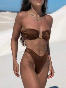 Traje de Baño de Color Sólido y Cintura Alta para Aguas Termales y Playa - Blanco - Ver 1