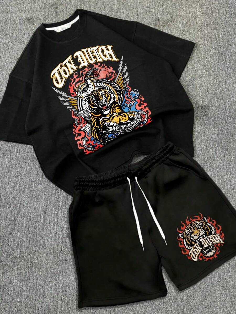 (2PC)VanDutch Graphic T-Shirts,The New 2026 Models Men Fashion Round Neck Casual T Shirt And Shorts Set Cotton 100 Percent Pure Cotton Retro Street Style Loose Fit High Quality Promotion - 黑色 - 查看 1