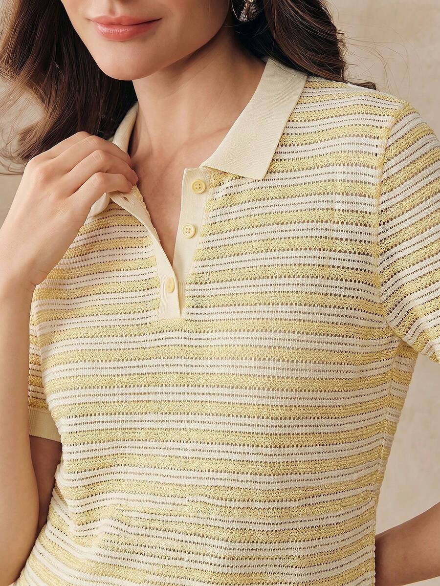 2026 Camisetas de punto de manga corta con cuello medio de rayas de alta calidad y nueva moda de verano, talla estándar para mujer, tops lindos - Amarillo - Ver 1