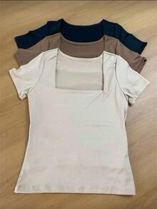Set Of 3 Women's Basic Premium Elegant Square Neck Suplex Blouses - Casual Second Skin - BLACK BEIGE BROWN - View 1
