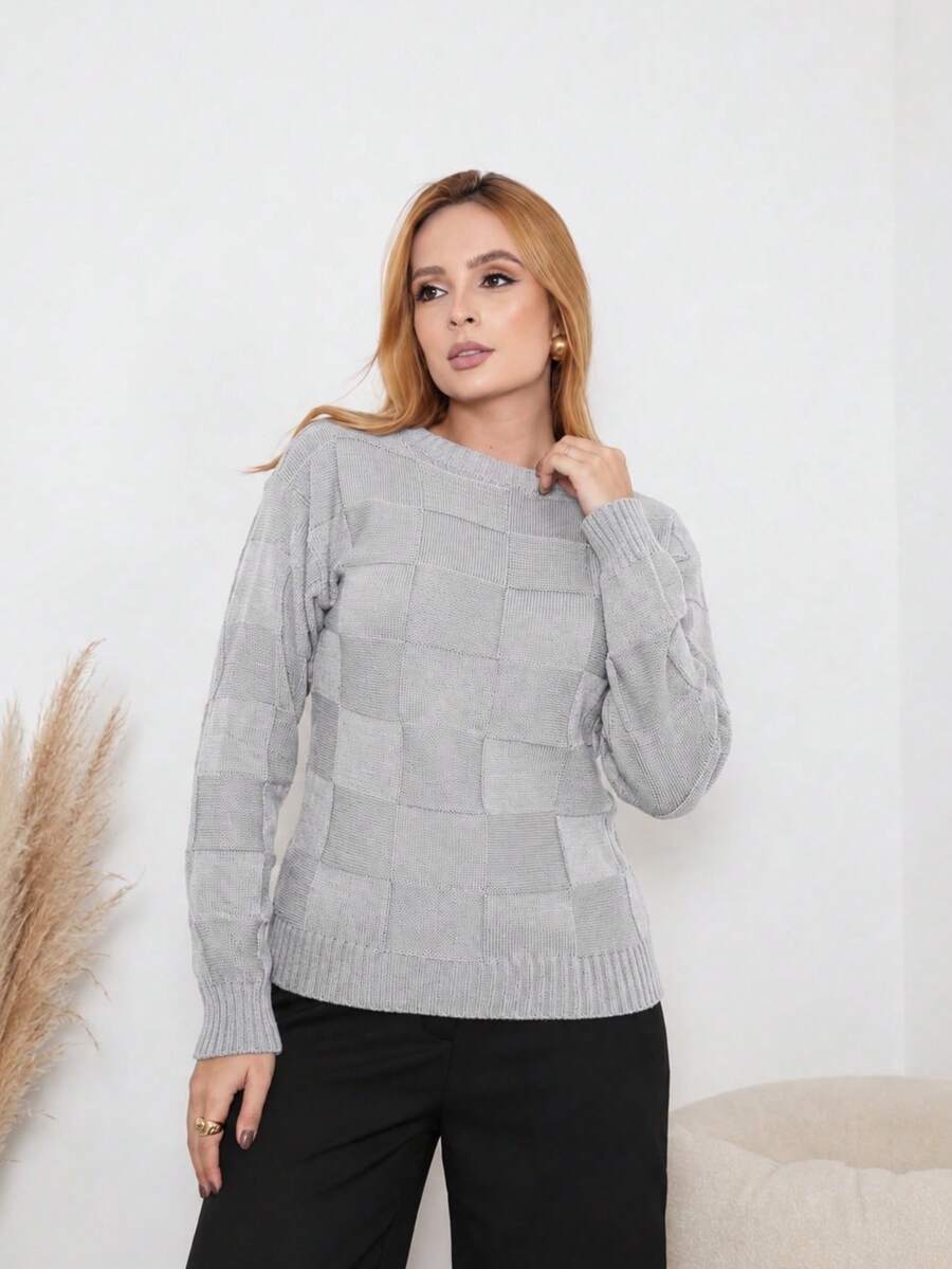 Women's Sweater For Cold Weather, Knit, Autumn/Winter, Long Sleeve, Boho Style, Square Knit, Elegant, Simple, Casual, Wool-Like Fabric, Textured Knit, Suitable For Evening, Holidays, Weddings, Office, Street, Travel, Brunch, Autumn/Winter. - 銀色 - 查看 1