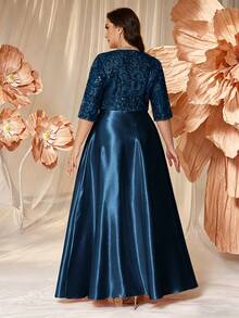 XUIBOL Đầm dạ hội nữ size lớn, chân váy xòe satin, áo cổ chữ V đính sequin, tay lỡ 3/4, phù hợp cho đám cưới và các sự kiện trang trọng - Màu xanh ngọc - Xem 3
