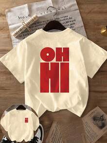 大尺碼女款日常復古紅色 OH HI 字母印花圓領短袖休閒 T-shirt 上衣 夏季 - 杏色 - 查看 4