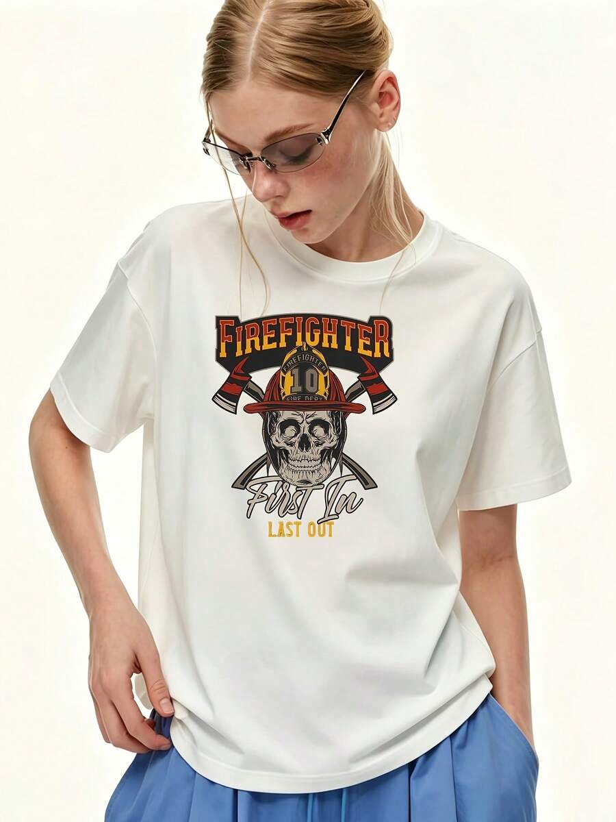 Women's 180G Plus-Size Firefighter Skull Pattern T-Shirt, Short-Sleeved, Casual Loose Fit, Suitable For Summer Back-To-School Gifts, Family - White - View 1