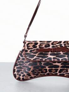 CHICVUE New Fashionable Leopard Print Decor Shoulder Bag, Contrast Color Design. Foldable Underarm Bag, Baguette Bag, Shoulder Bag, Business Commuter Bag, Burgundy, Suitable For Outings, Shopping, Work, Parties, Holidays, Short Trips, Etc. - Brown - View 5