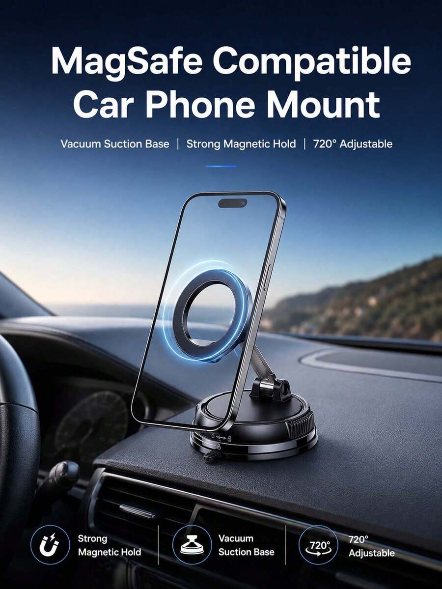 MagSafe Compatible Car Phone Mount, Vacuum Suction Cup Magnetic Phone Holder, 720° Adjustable Foldable Stand For Dashboard, Windshield & Console,Daily Commutes & Road Trips