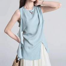 Women's Sleeveless Blouse With Draped Design, Side Slits, And Chiffon Material. Slimming Effect, Feminine, Office Casual, Spring/Summer Top. Women's Tops, Blouse, Shirt. - Light Wash - View 5