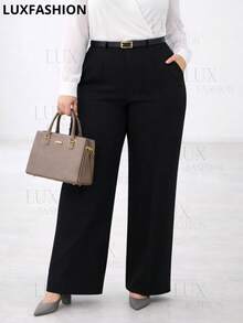 Set Of 2 Elegant High-Waisted Plus Size Tailored Trousers For Women With Belt - 1 Black 1 Terracotta - View 4