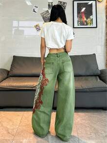 1件女款寬鬆刺繡寬腿牛仔褲，舒適休閒高街時尚丹寧長褲（不含腰帶/配件）秋季 - 綠色 - 查看 11