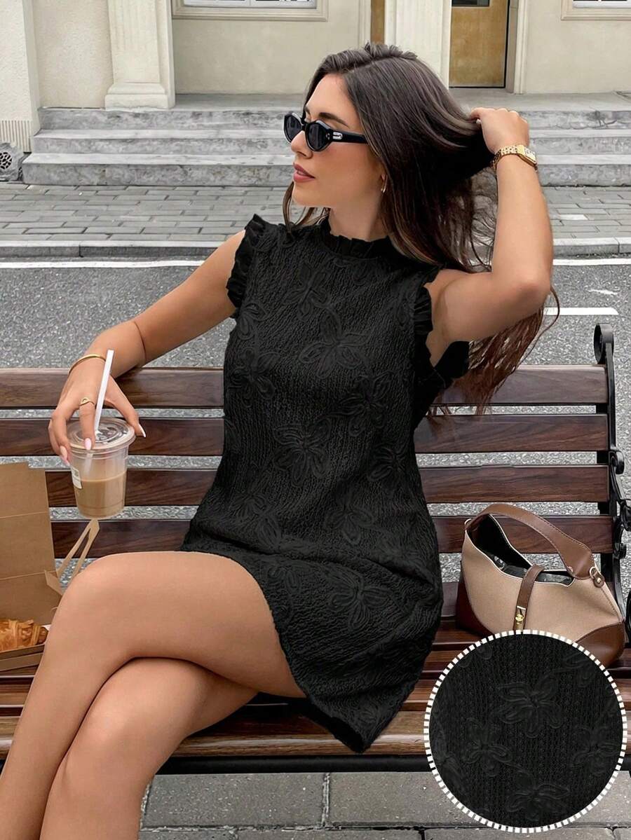 Vestido camisero de unicolor albaricoque con textura y aplicaciones para mujer, elegante y de moda para el trabajo, atuendos festivos franceses, estilo sirena de oficina, vestidos de verano para mujer, vestidos para fiesta del té, festivales, fies - Negro - Ver 1