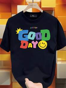 T-shirt da uomo da 180g in 100% cotone con stampa "Good Day", collo rotondo traspirante e confortevole, design moderno di streetwear coreano e giapponese, maglietta casual estiva versatile da uomo per outfit quotidiani e look urban contemporaneo - nero - Visualizzare 2
