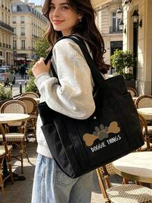"Doggie Things" Cute Print Canvas Tote Bag & Pouch Set,With Paw Print Design,Funny Pet Owner Travel Organizer,Foldable And Lightweight,Multi-Pocket Shoulder Backpack,Women'S Tote Bag,Canvas Shoulder Bag With Small Cosmetic Pouch, Lightweight Dog Walking Bag For Pet Supplies, Perfect For Dog Lovers, Daily Outings, Work, School,Travel & Shopping,Perfect For Dog-Loving Ladies. - Multicolor - View 13