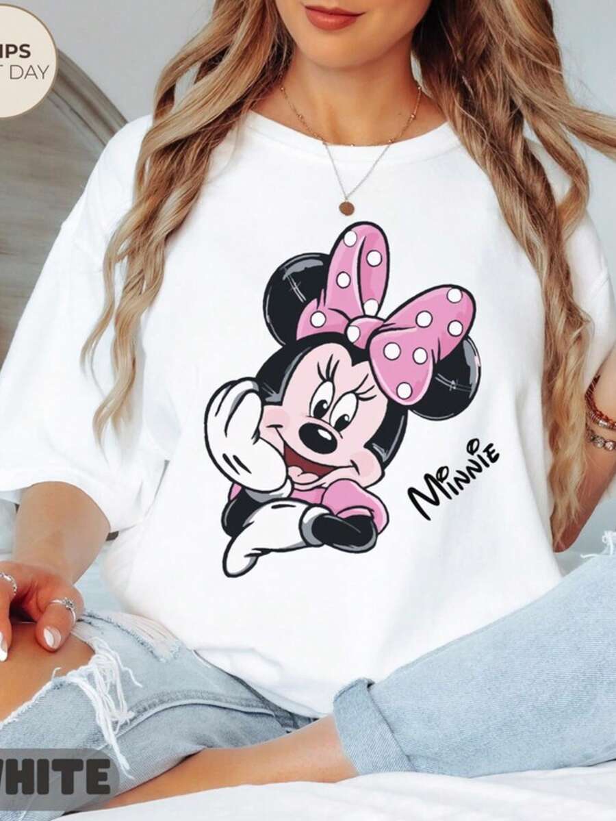 Minnie Mouse Shirt, Classic Disney Minnie T-Shirt With Pink Ribbon Pattern, Women's Disney Clothing, Minnie Mouse Gift. - White - View 1