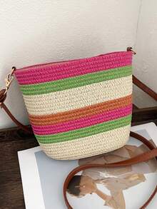 1 pezzo Borsa da spiaggia a quadri colorati, borsa a tracolla in paglia casual e pratica per donne, elegante borsa a tracolla, borsa da spiaggia per vacanze estive, può contenere portafoglio, borsetta, cosmetici, accessorio da viaggio essenziale, ottimo regalo per vacanze estive per la fidanzata o la mamma - Multicolore - Visualizzare 12