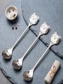 1pc/2pcs/4pcs/6pcs/8pcs Premium Stainless Steel Spoons, Multi-Color Spoons, Creative Cartoon Lucky Cat Smiling Face Paw Spoons, Coffee Stirring Spoons, Dessert Spoons, Cat Paw Strainer Spoons, Suitable For Kitchen, Restaurant, High-End Hotel - Gold and Silver - View 1
