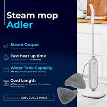 Adler Steam Mop Floor Steam Mop Chemical-Free Floor Cleaner 1300W 25g/Min 20sec Heat-Up 380ml Water Tank 4.75m Cord Carpet Glider Washable Pads Included - EU E Type Plug(220-240V) - View 10