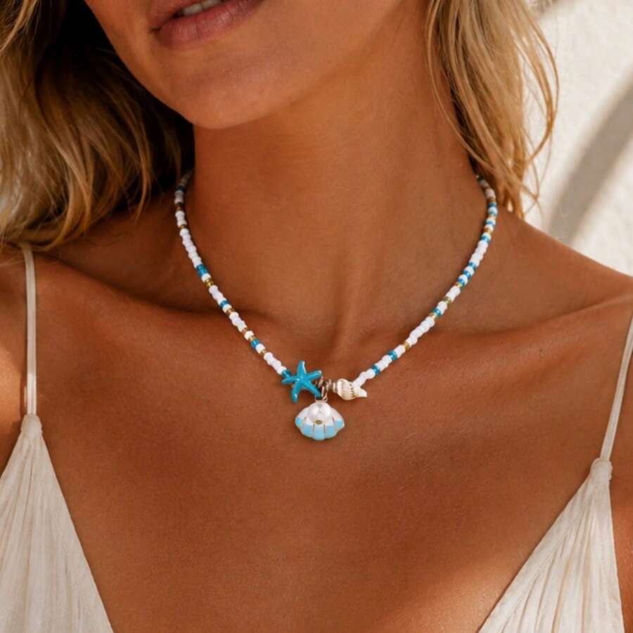 1 Peça Colar Boho com Contas, Estrela-do-Mar, Concha e Pérola, Multi-Pingente para Mulheres, Uso Diário Casual, Praia, Férias, Presente do Dia das Mães, Presente de Aniversário da Namorada, Presente de Férias (Sequência de Cores das Contas Disposta Aleatoriamente) - Azul Marinho - Visão 1