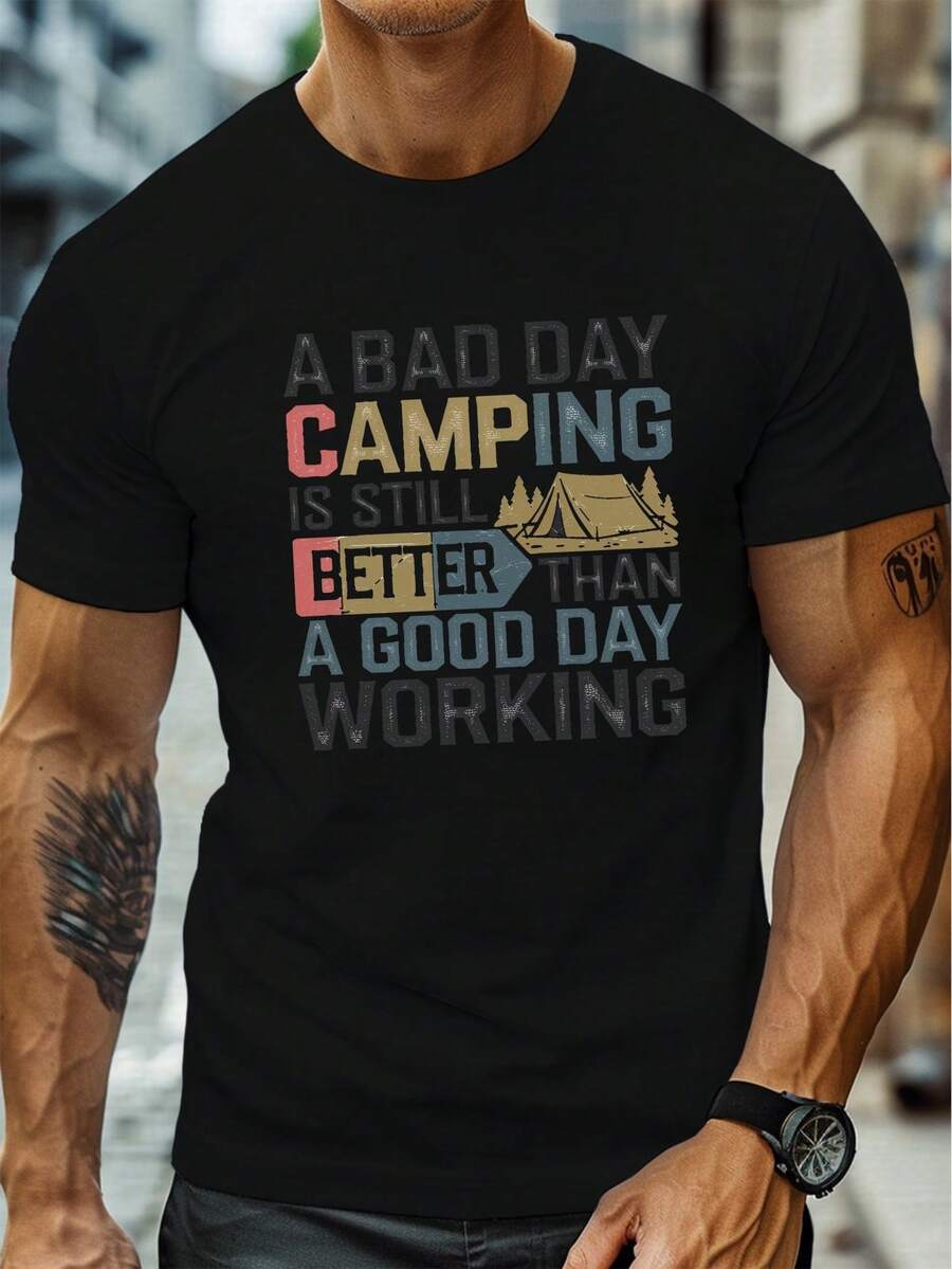 Camiseta Casual de Manga Corta con Cuello Redondo para Hombre con Frase Japonesa Acampada Terrible, Estilo Veraniego, Talla - Negro - Ver 1