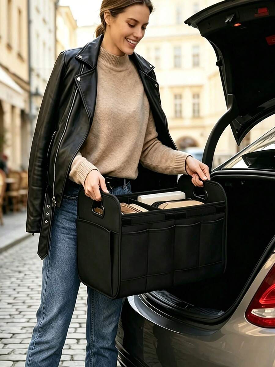 Multifunctional Car Storage Box, Stylish Spacious Passenger Seat Storage Box, Car Organizer Trunk Storage Box Oxford Fabric Storage Box Large Capacity Foldable, Multipurpose Trunk Organizer Box, Easy To Clean Car Storage Solution, Car Interior Organizer Box, Essential Car Storage Box - Suitable For Sedan/SUV/MPV Passenger Seat And Trunk - Black - View 1