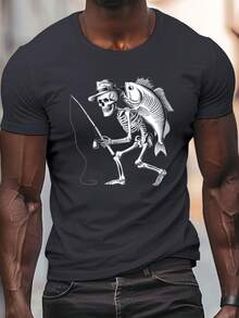 Camiseta casual de hombre, de corte holgado, con estampado de calaveras y pesca,% poliéster, cuello redondo, corte regular, patrón geométrico, manga corta de verano para uso diario. - Negro - Ver 2