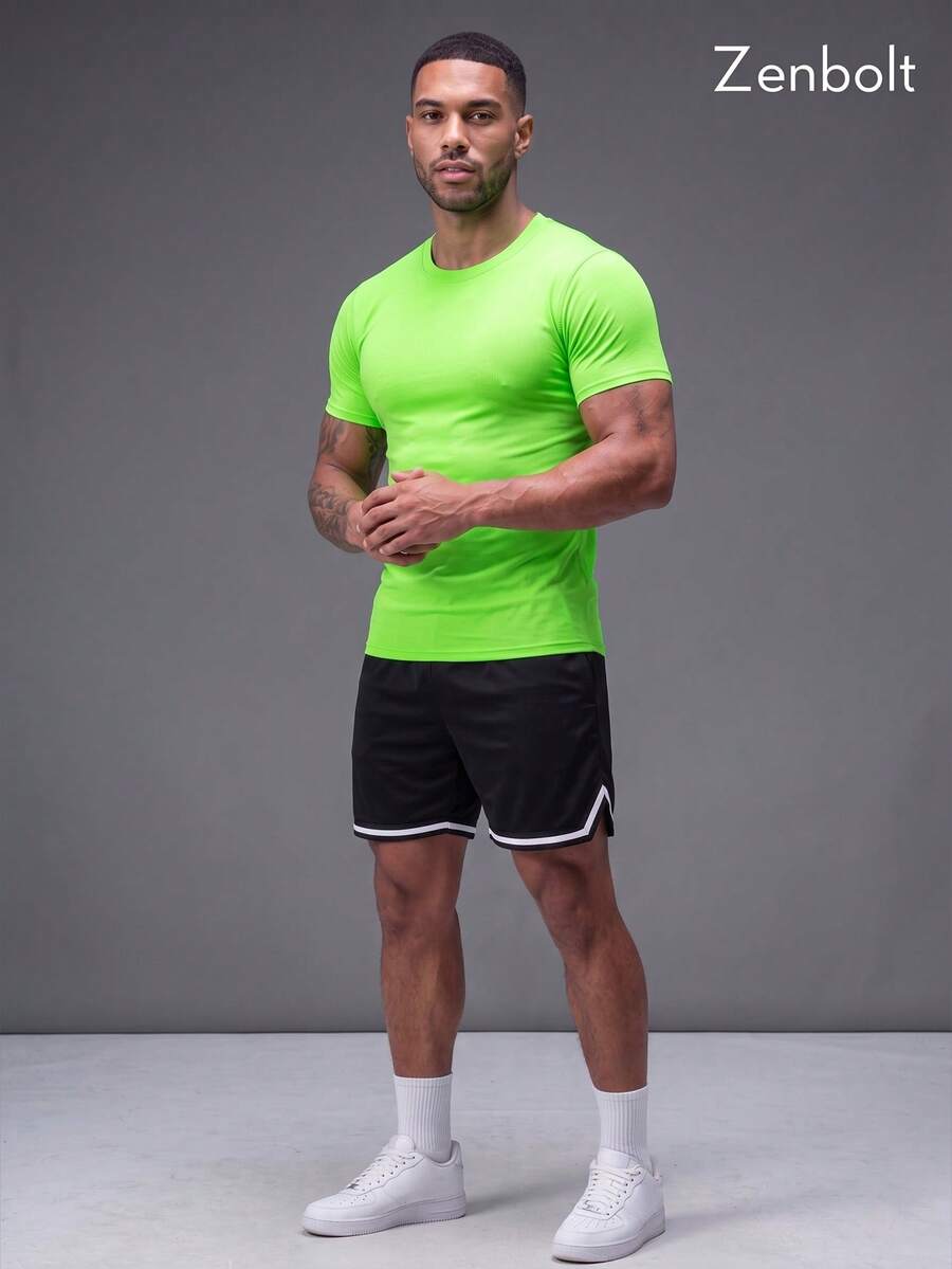 Zenbolt 男士純色圓領壓縮運動T恤，短袖壓縮運動上衣，適合日常與健身房訓練的壓縮運動上衣 - 螢光綠 - 查看 1