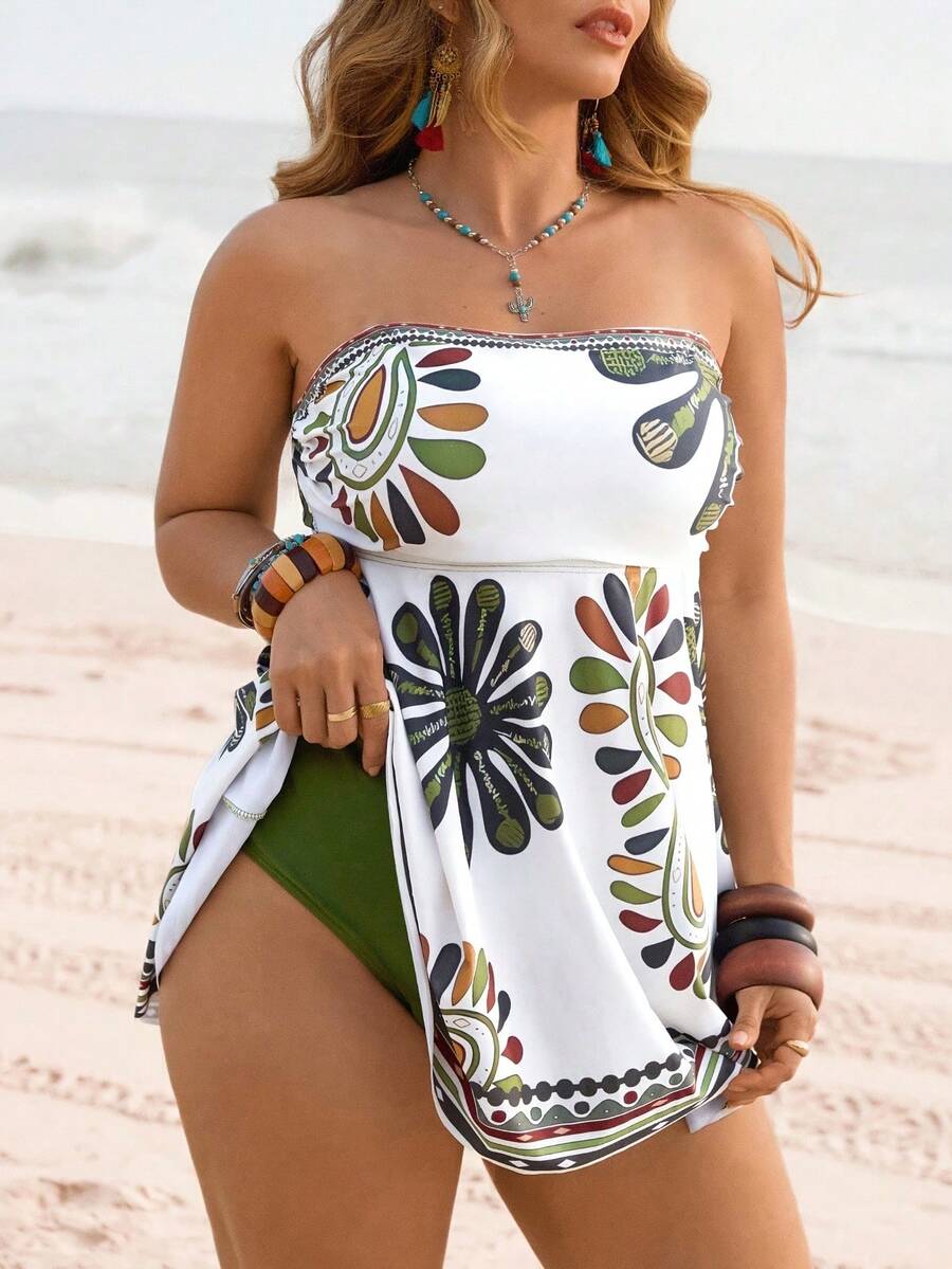 Large Tankini Two-Piece Swimsuit, Women's Strapless, Detachable Shoulder Strap, Beach Vacation Outfit, Floral Print - 花色 - 查看 1