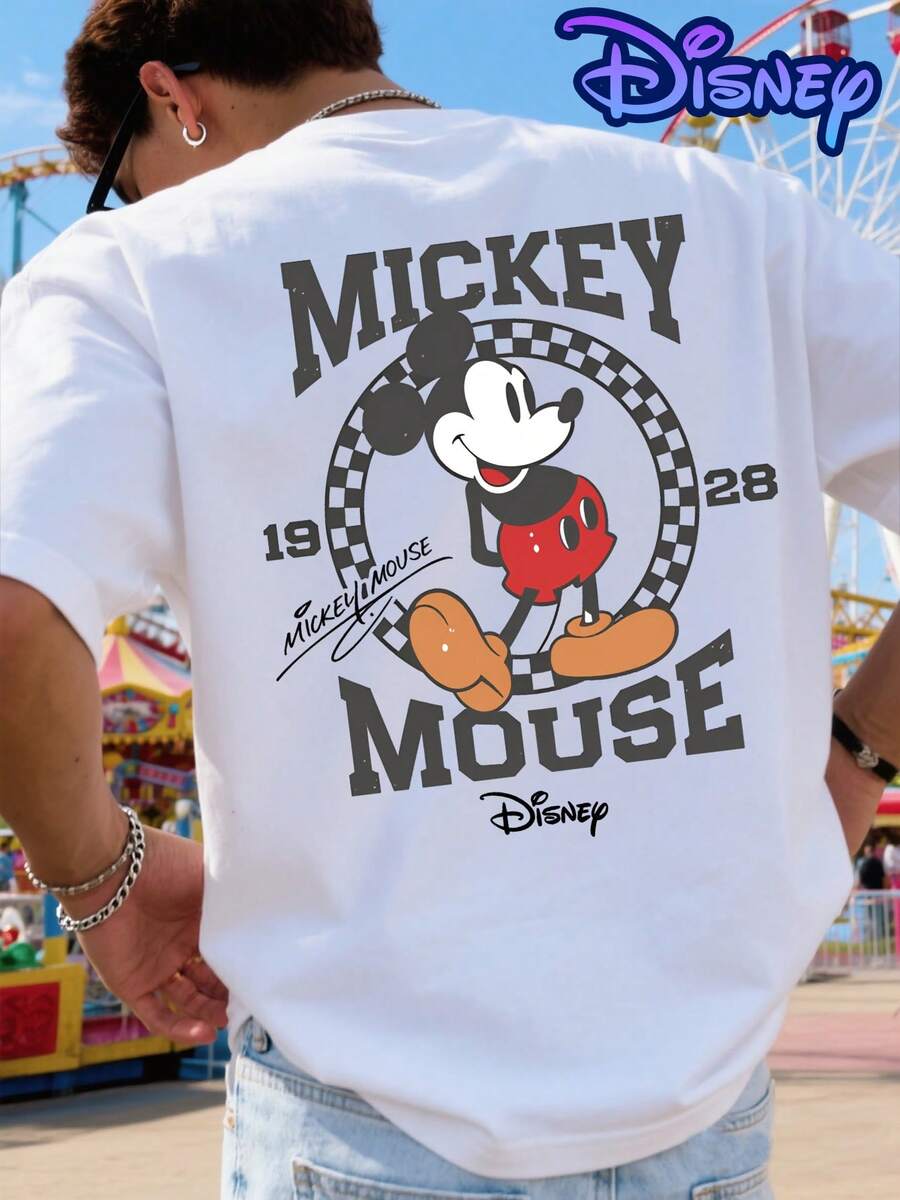 Disney 1928 Retro Mickey Checkerboard Pattern T-Shirt, Fun Cartoon Print T-Shirt, Men's Pure Cotton T-Shirt, Short Sleeve, Casual Style, Streetwear, A Must-Have For Theme Park Photos, Partner Outfits, Parent-Child Outfits, Suitable For Everyday Wear - 白色 - 查看 1