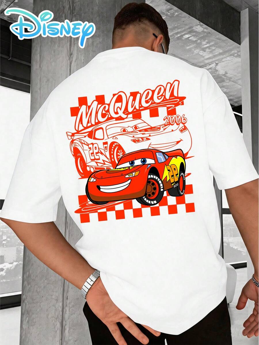Disney T-Shirt Featuring Lightning McQueen From Cars And The Starting Number 95. Men's T-Shirt Made Of Pure Cotton, Relaxed Fit, Crew Neck, Streetwear Style – A Must-Have For Photos In The Theme Park, Perfect For Everyday Life, Summer And Holidays. - 白色 - 查看 1