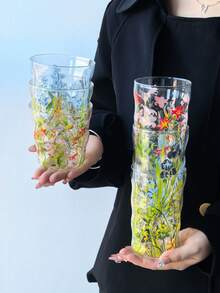 1個復古花卉玻璃馬克杯，復古盛開高美感Ins風冷萃玻璃杯，可愛女性水杯，適用於冰美式咖啡、果汁、各種茶飲、日常水杯、辦公室、商業用途 - 彩色 - 查看 7