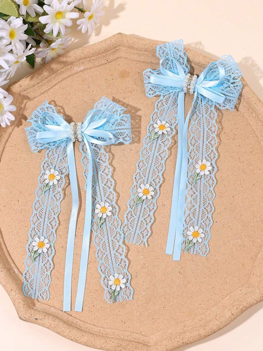 2入藍色蕾絲蝴蝶結髮夾,雛菊刺繡長尾蝴蝶結髮夾,春夏日常百搭蝴蝶結髮夾,珍珠水鑽裝飾蝴蝶結,超仙鄉村風蝴蝶結髮卡,女孩青少年時尚髮飾,適合日常、春季出遊、拍照、婚禮派對 - 彩色 - 查看 1