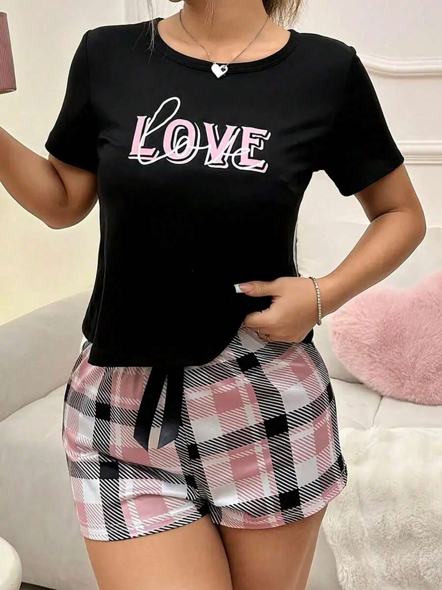 黑色短袖上衣與印花短褲 2 件組女款睡衣套裝 - 黑色 - 查看 1