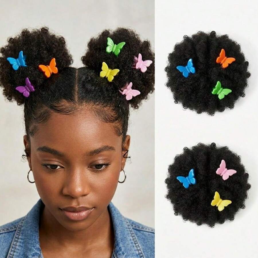 3 Inch Fluffy Afro Puff Hair Buns, 2PCS Y2K Kinky Curly Synthetic Hair Extensions With Colorful Butterfly Clips, Instant Volume Hair Accessories For Women - 彩色 - 查看 1